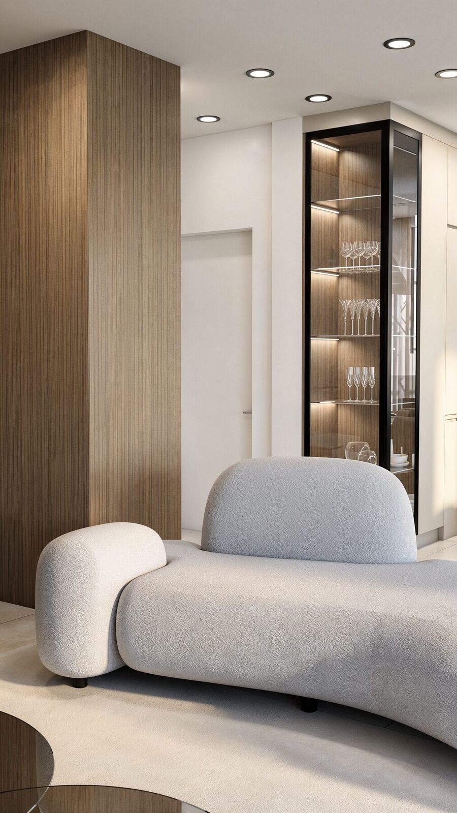 Kitchen with full-height timber and glass cabinetry