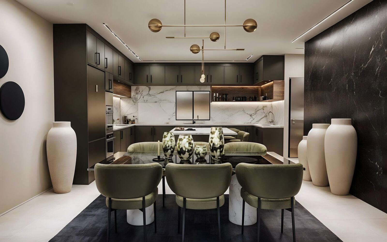 Dining and kitchen in black marble, olive velvet and brass, designed by FORMAÉ